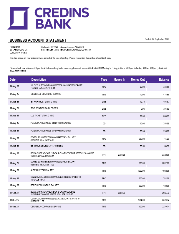 Modèle Word et PDF de relevé de compte d'entreprise Credins